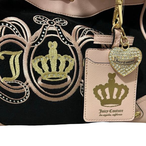 JUICY COUTURE EXCLUSIVE JUICY LOVERS CLUB BLING CROWN TOTE BLACK VELOUR & PINK - Picture 8 of 11